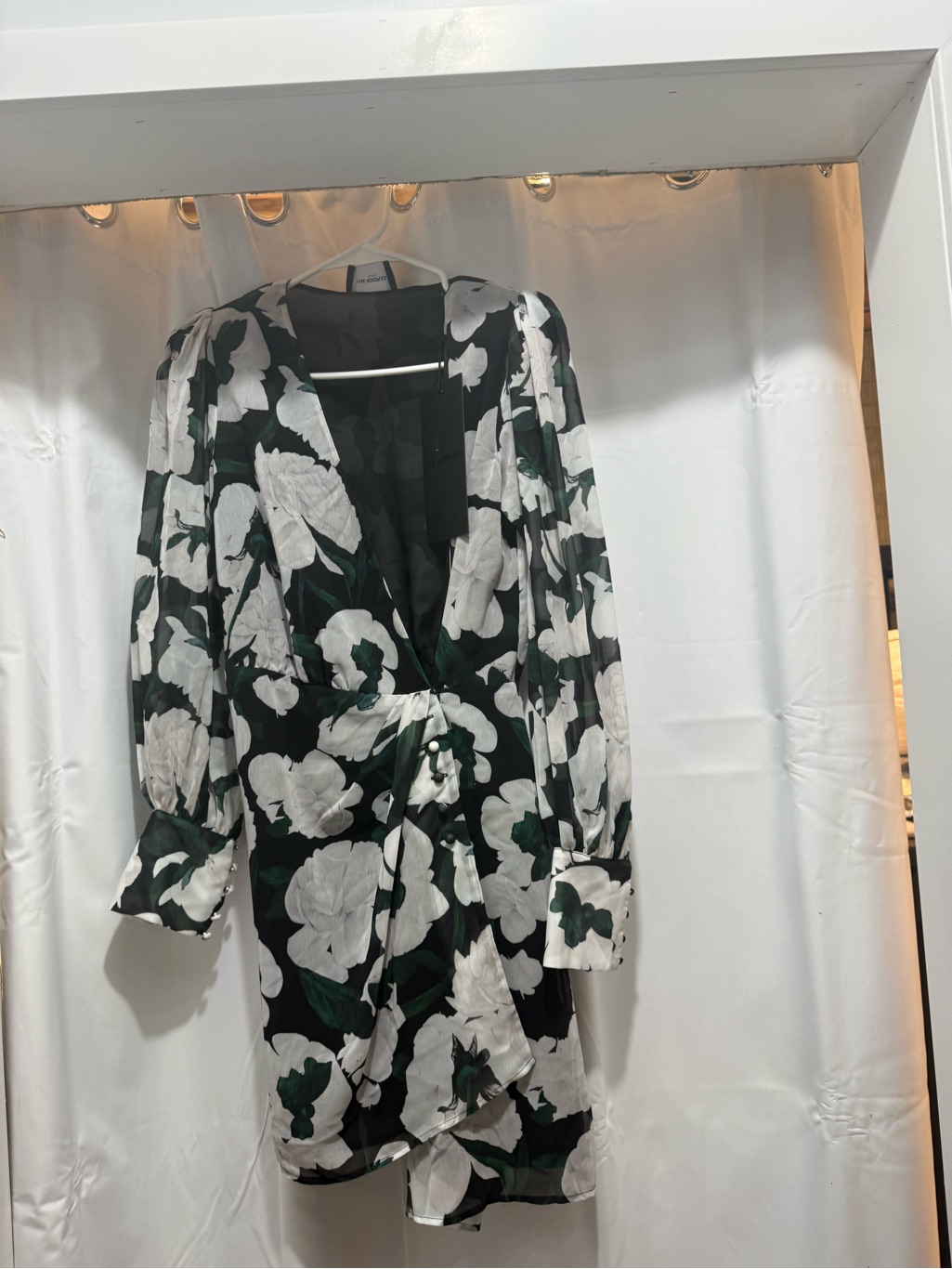 The Kooples Black Floral Wrap Dress With White & Dark Green Accents